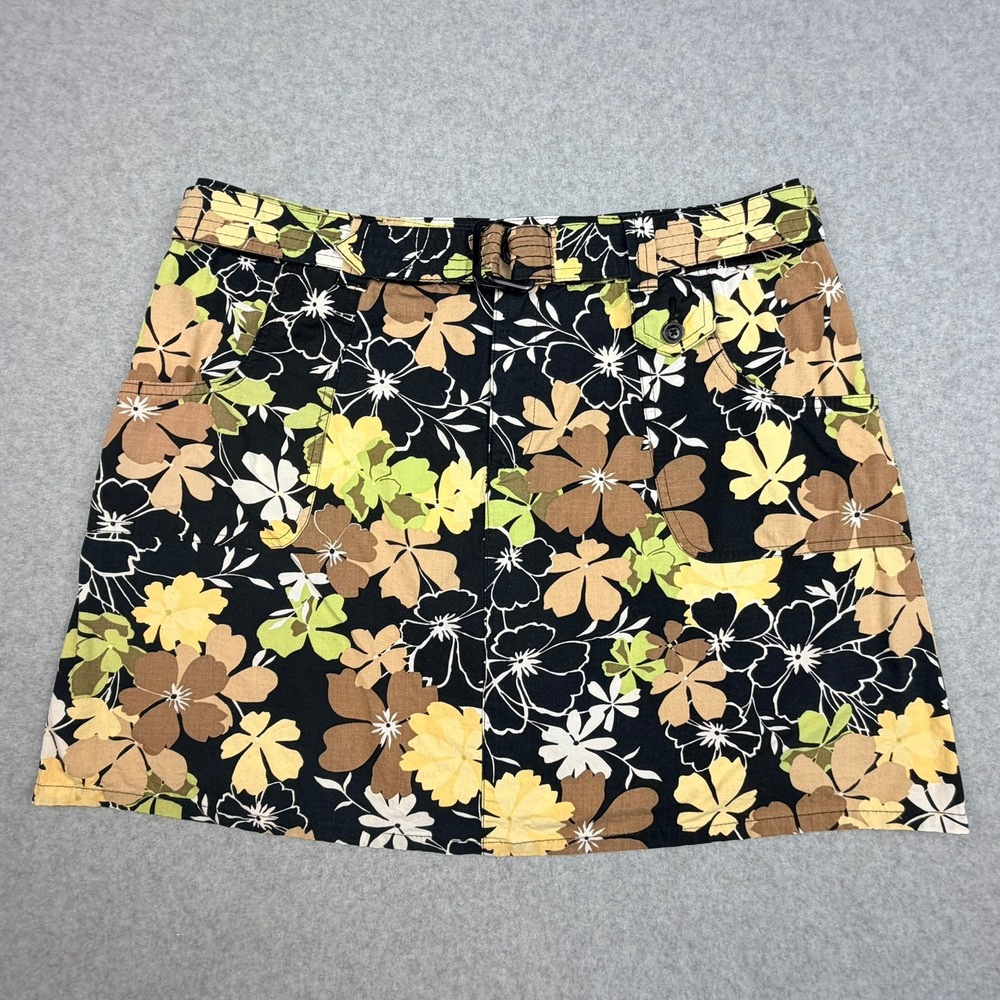 Womens Floral Mini Skirt Black Yellow Green Belted Cargo Size 12 Avg